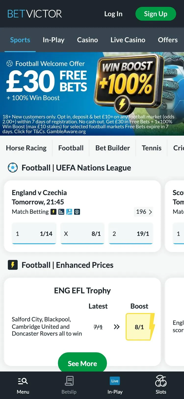BetVictor home page on mobile