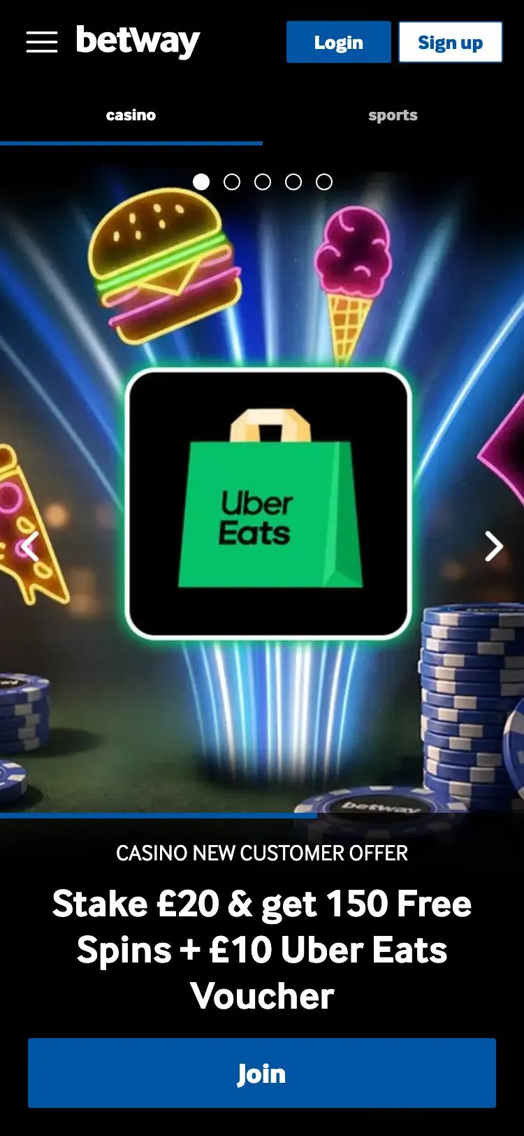 Betway home page on mobile
