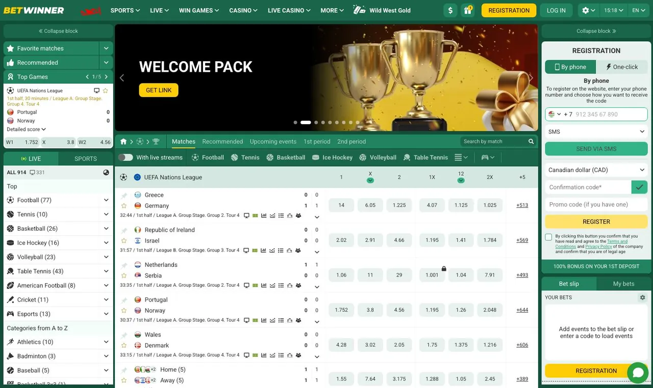 BetWinner home page on desktop
