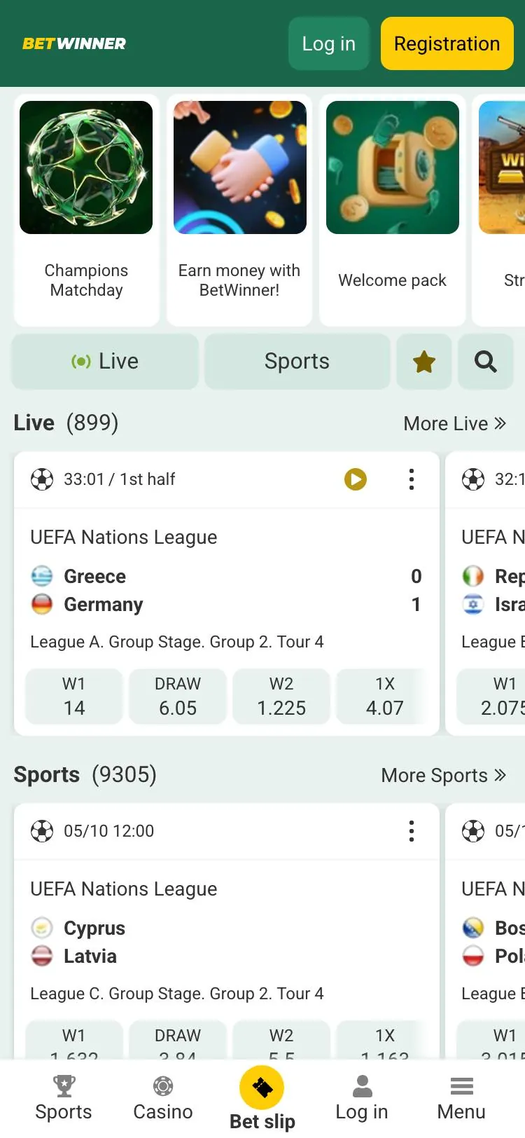 BetWinner home page on mobile