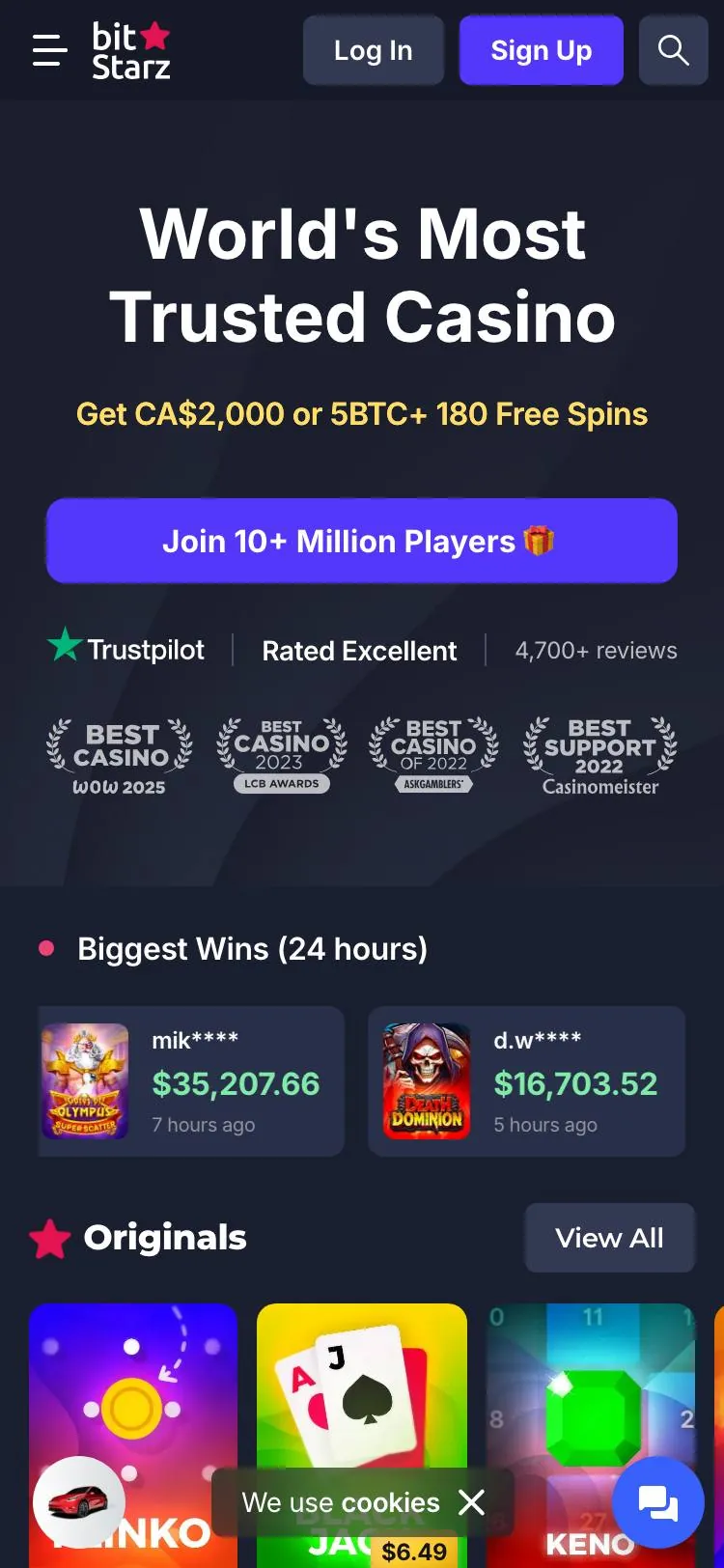 BitStarz home page on mobile