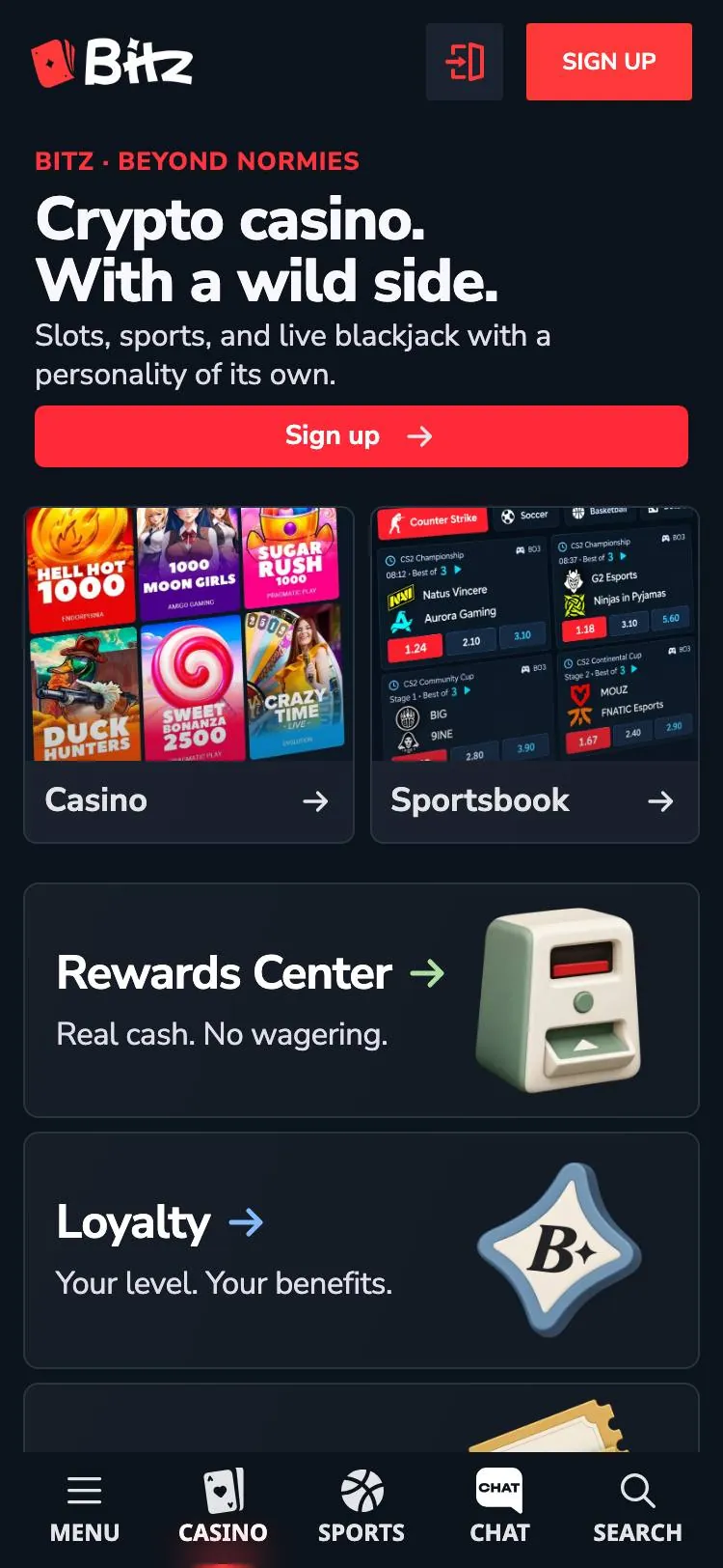 Bitz home page on mobile
