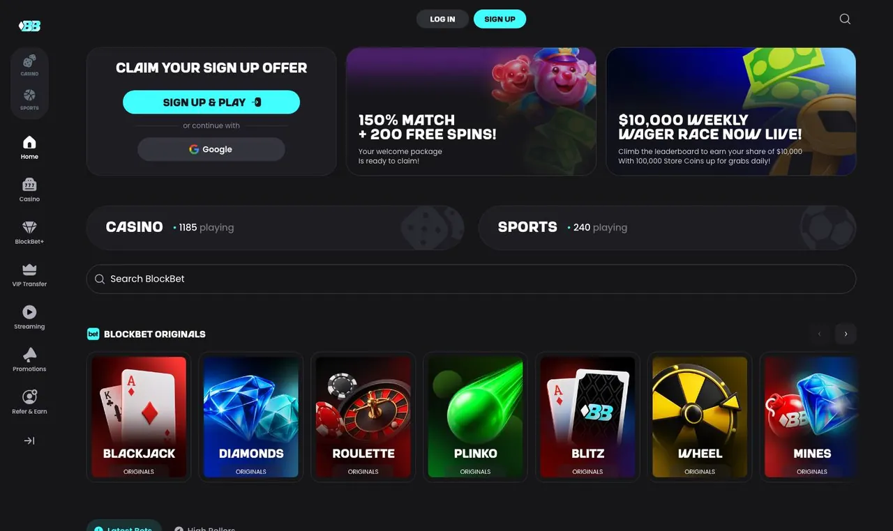 BlockBet home page on desktop