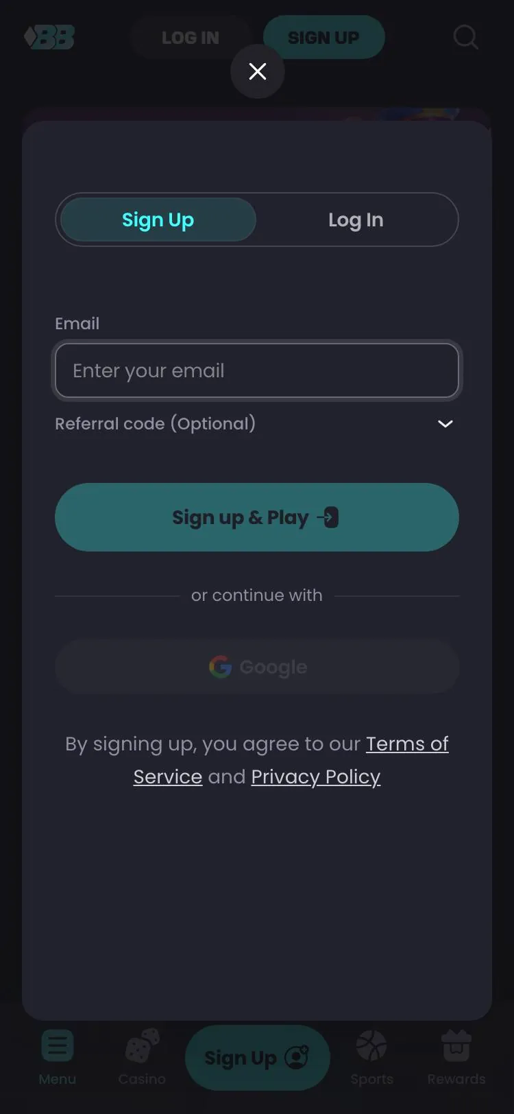 BlockBet home page on mobile