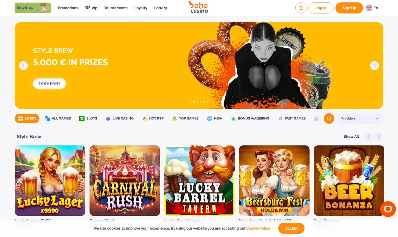 Boho Casino home page on desktop