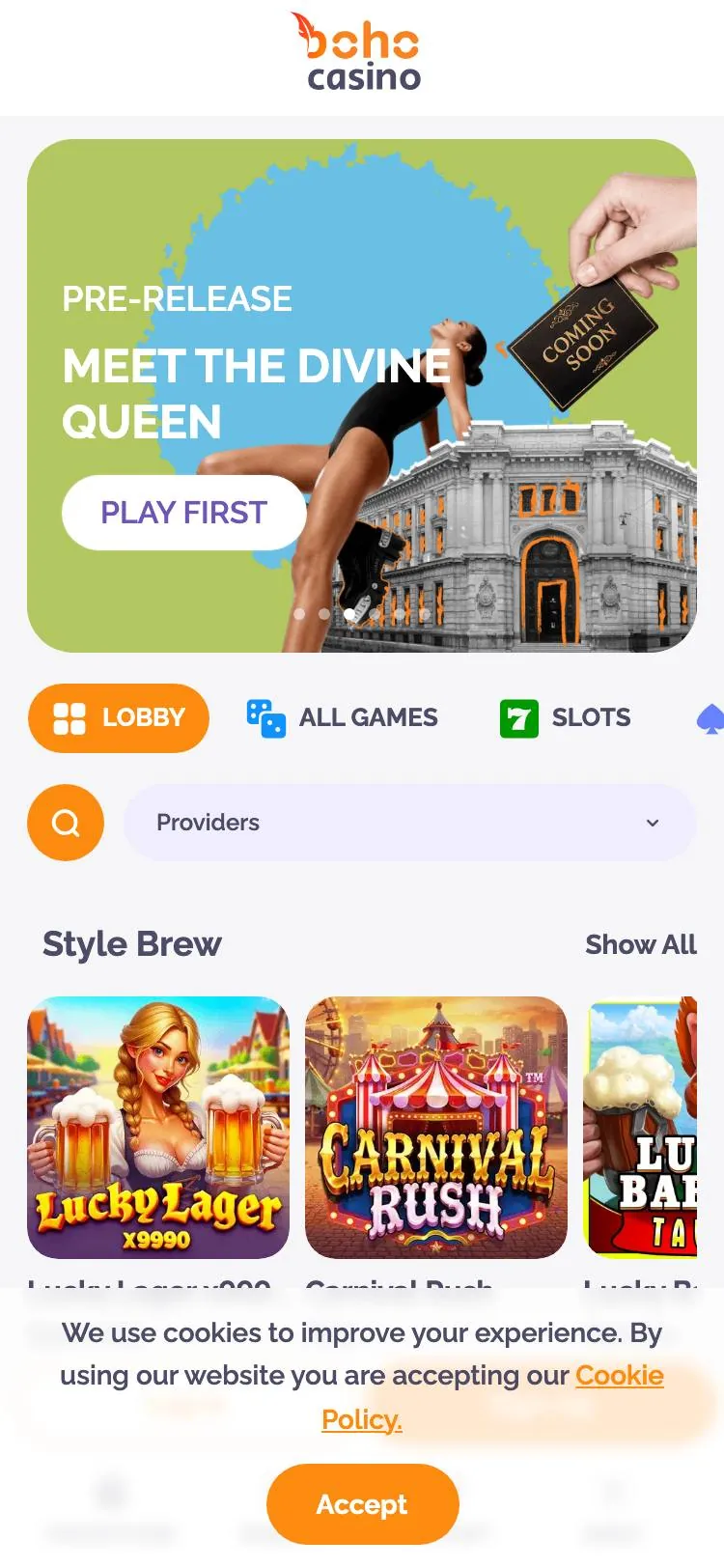 Boho Casino home page on mobile