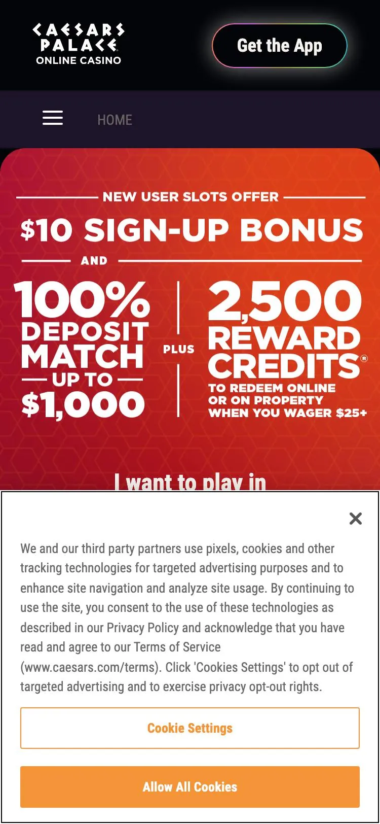 Caesars Palace Online Casino home page on mobile