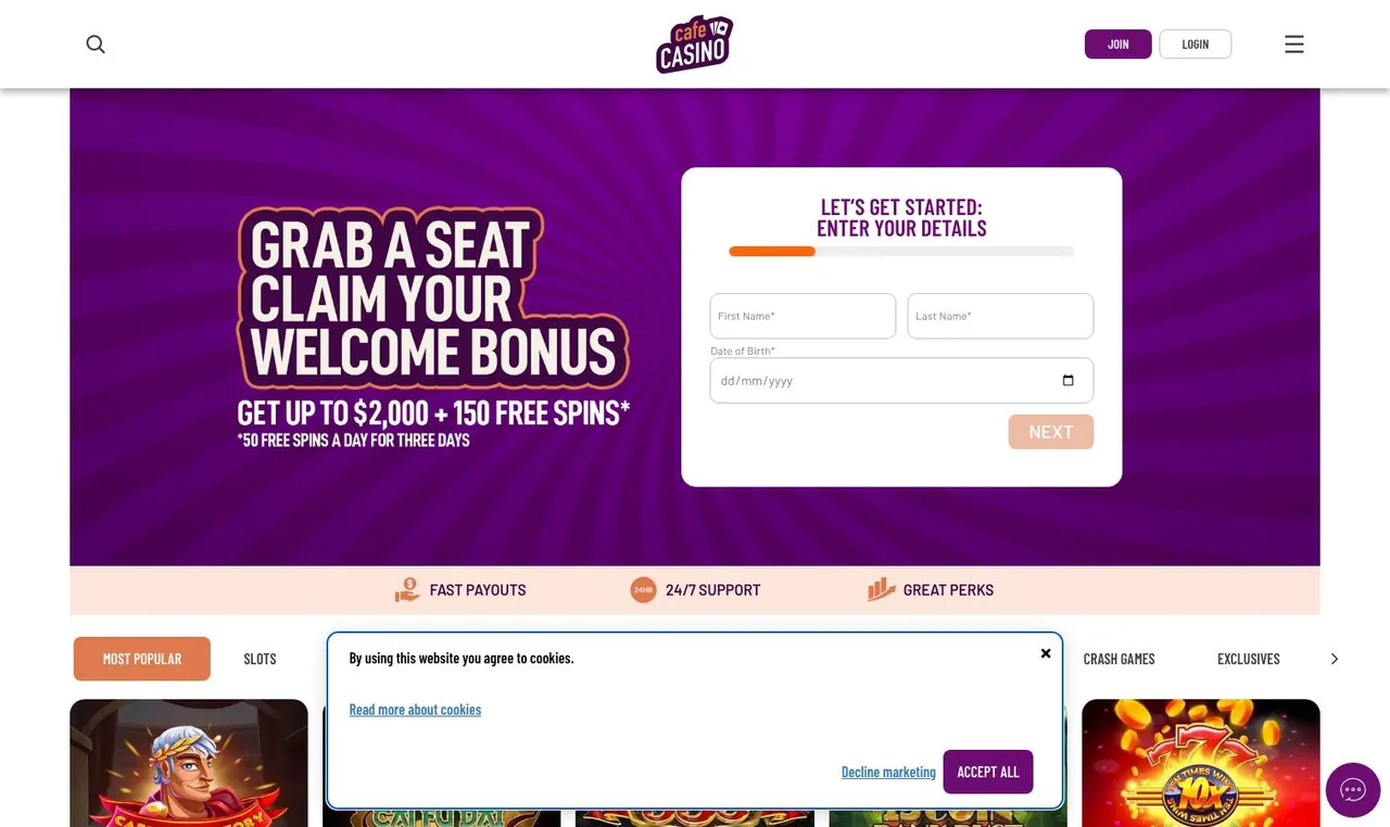 Cafe Casino home page on desktop