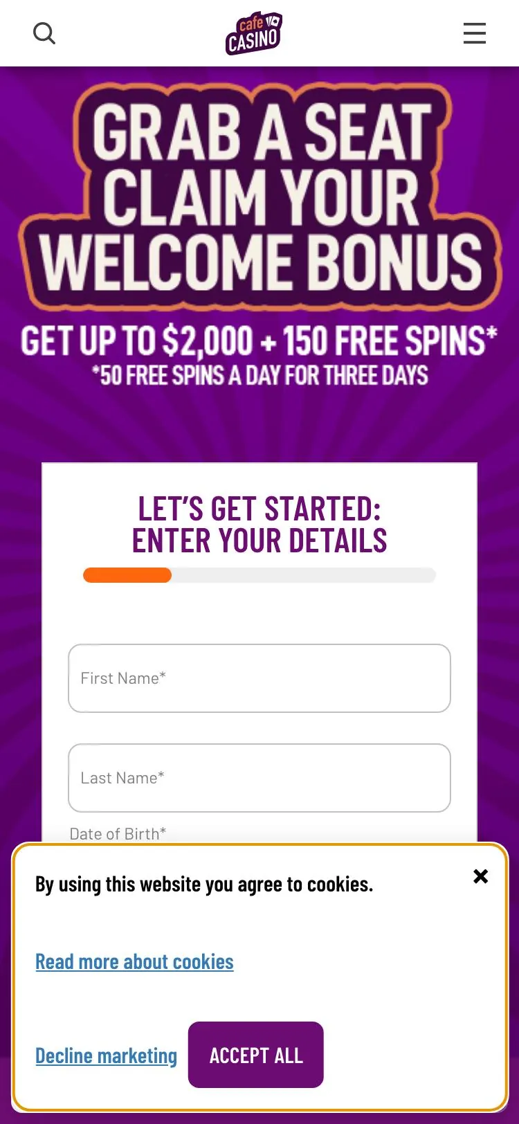 Cafe Casino home page on mobile