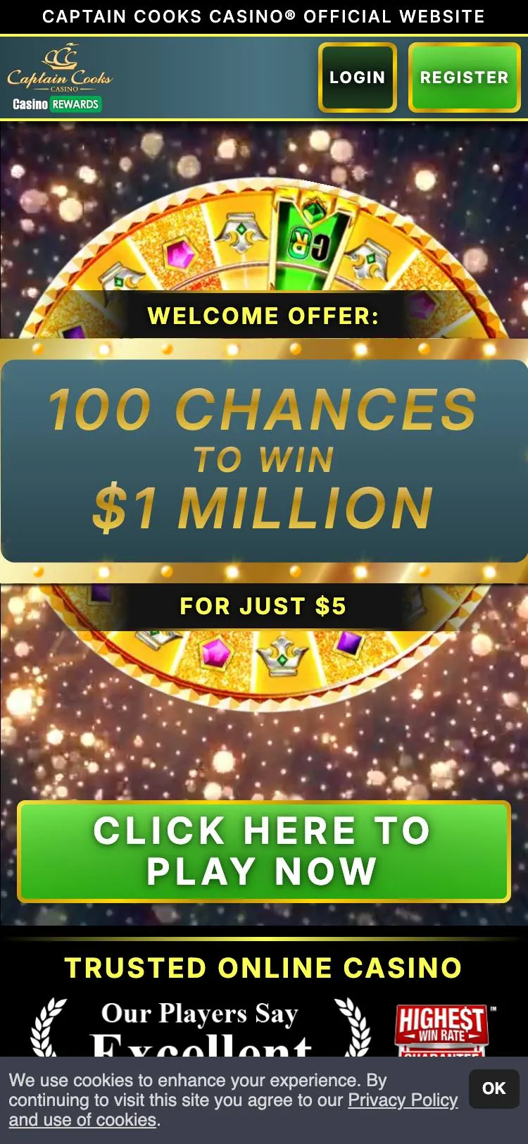 Captain Cooks Casino home page on mobile