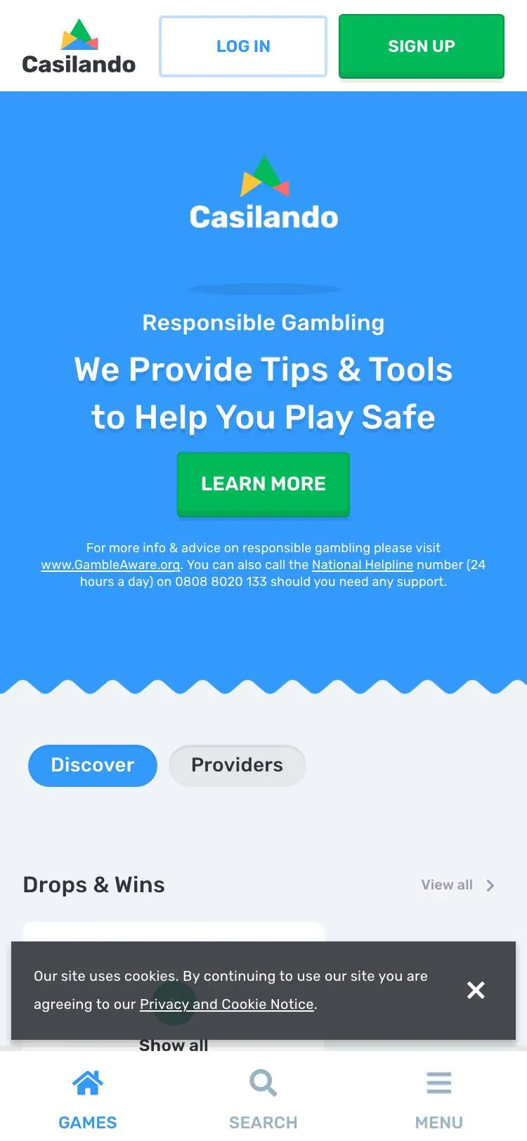 Casilando home page on mobile