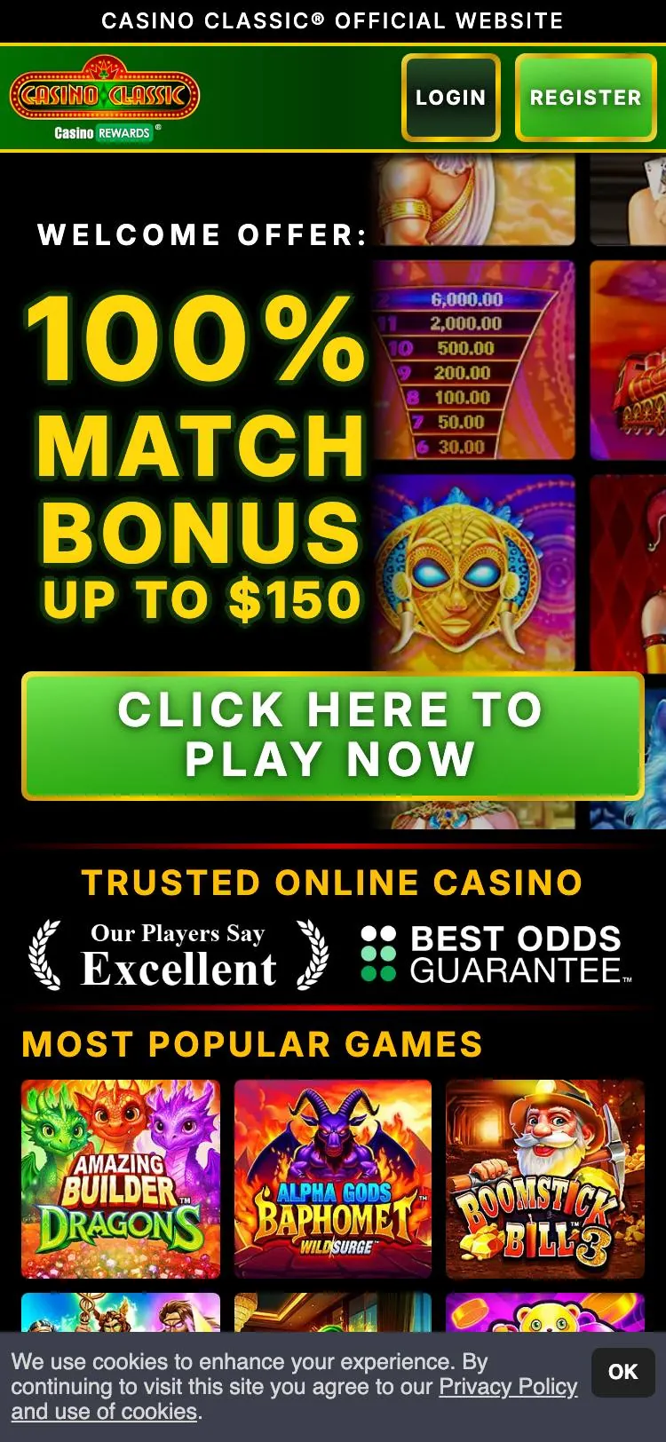 Casino Classic home page on mobile