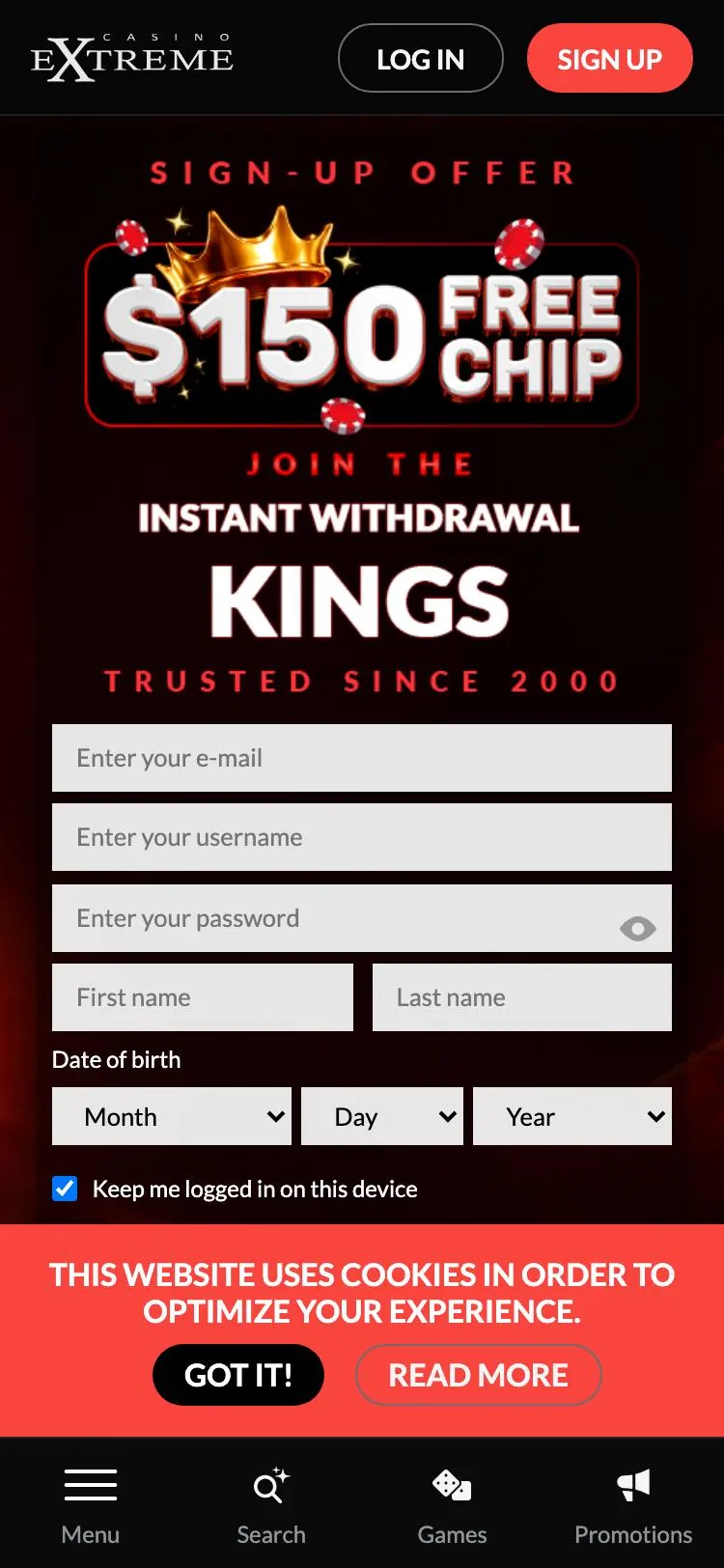 Casino Extreme home page on mobile