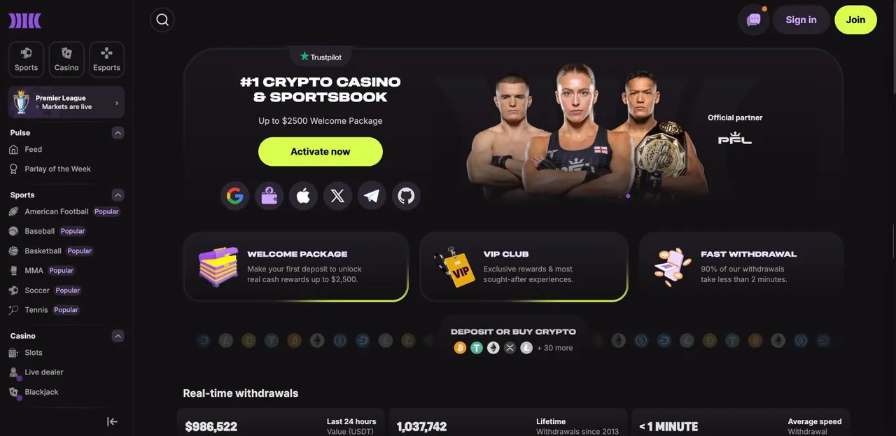 Cloudbet home page on desktop