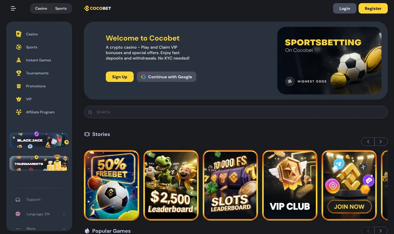 Cocobet home page on desktop