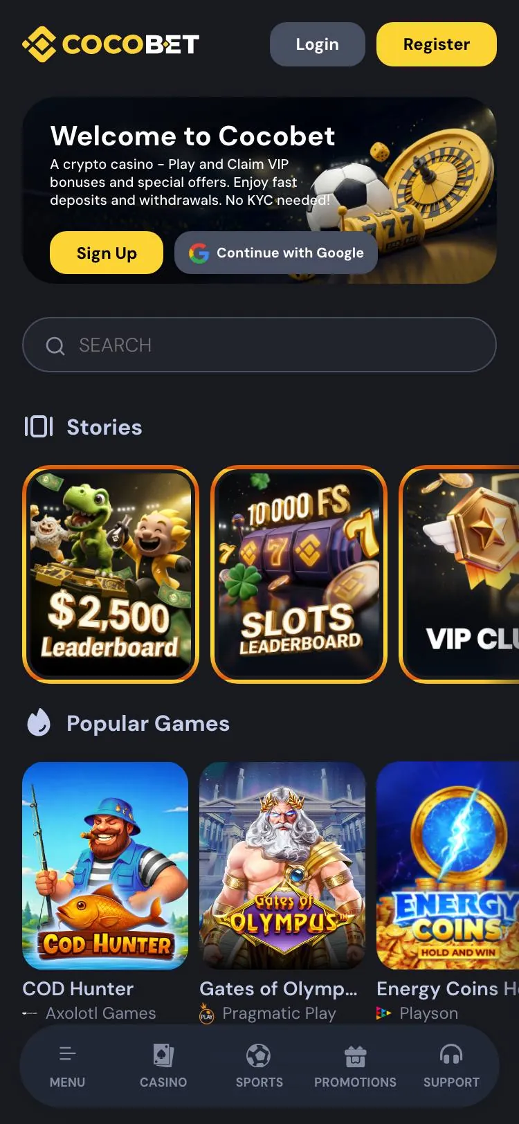 Cocobet home page on mobile
