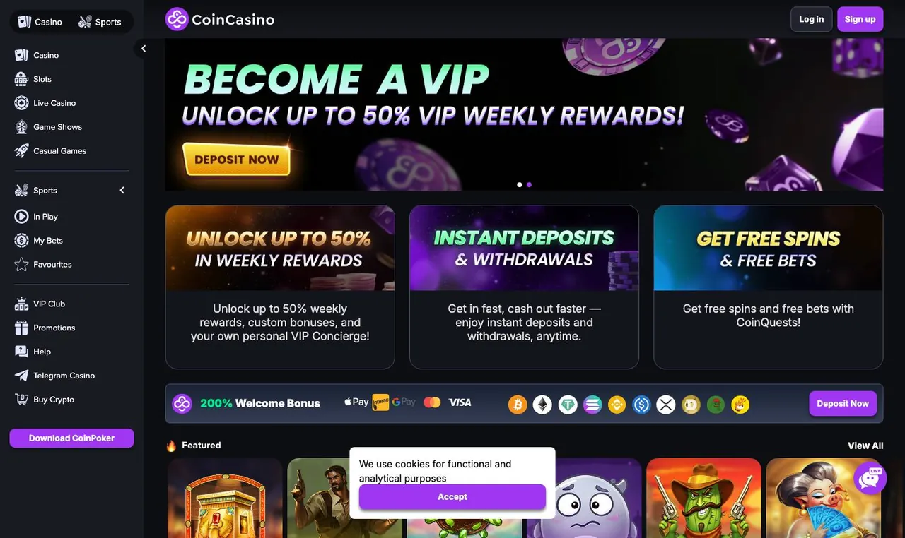 CoinCasino home page on desktop