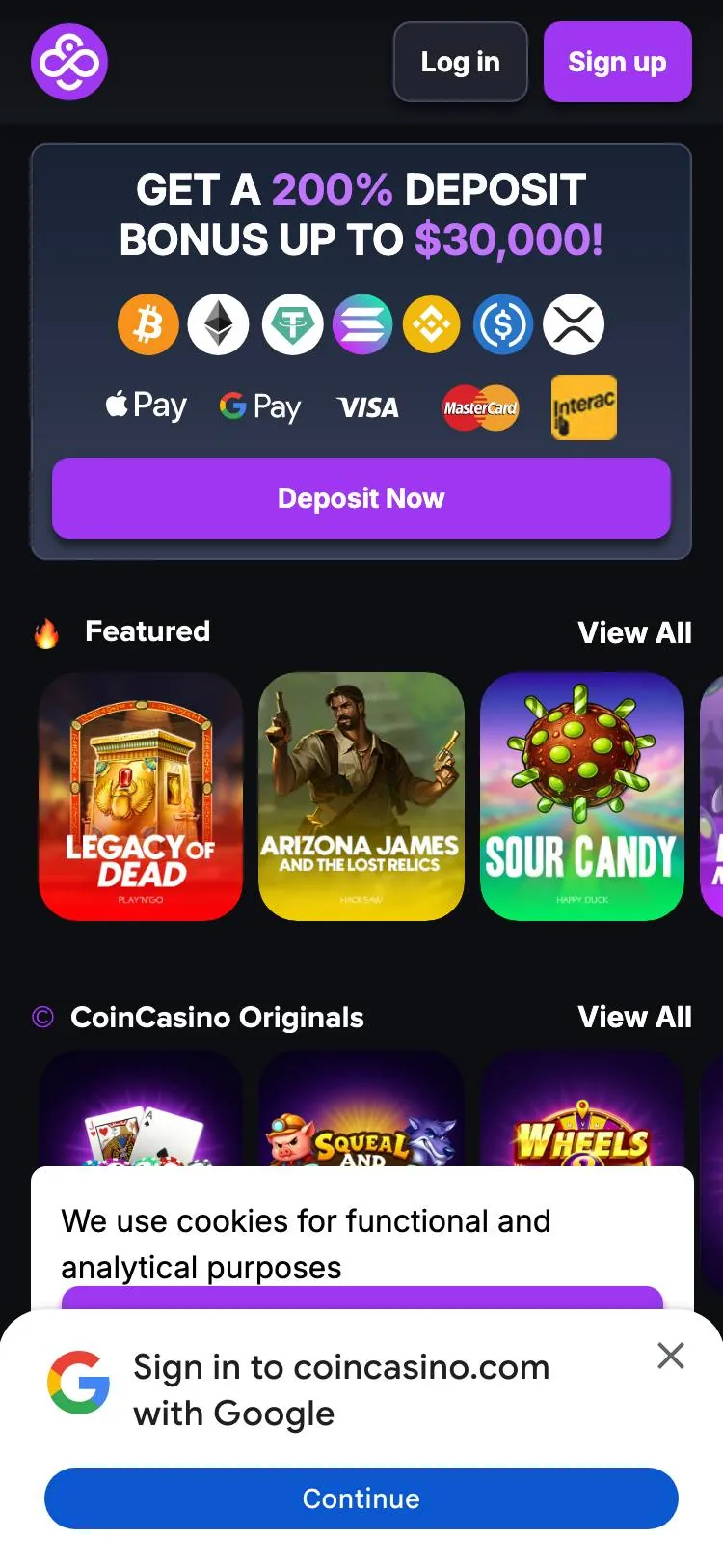 CoinCasino home page on mobile
