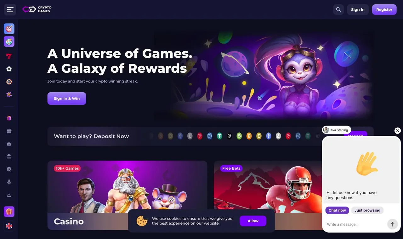 Crypto-Games home page on desktop