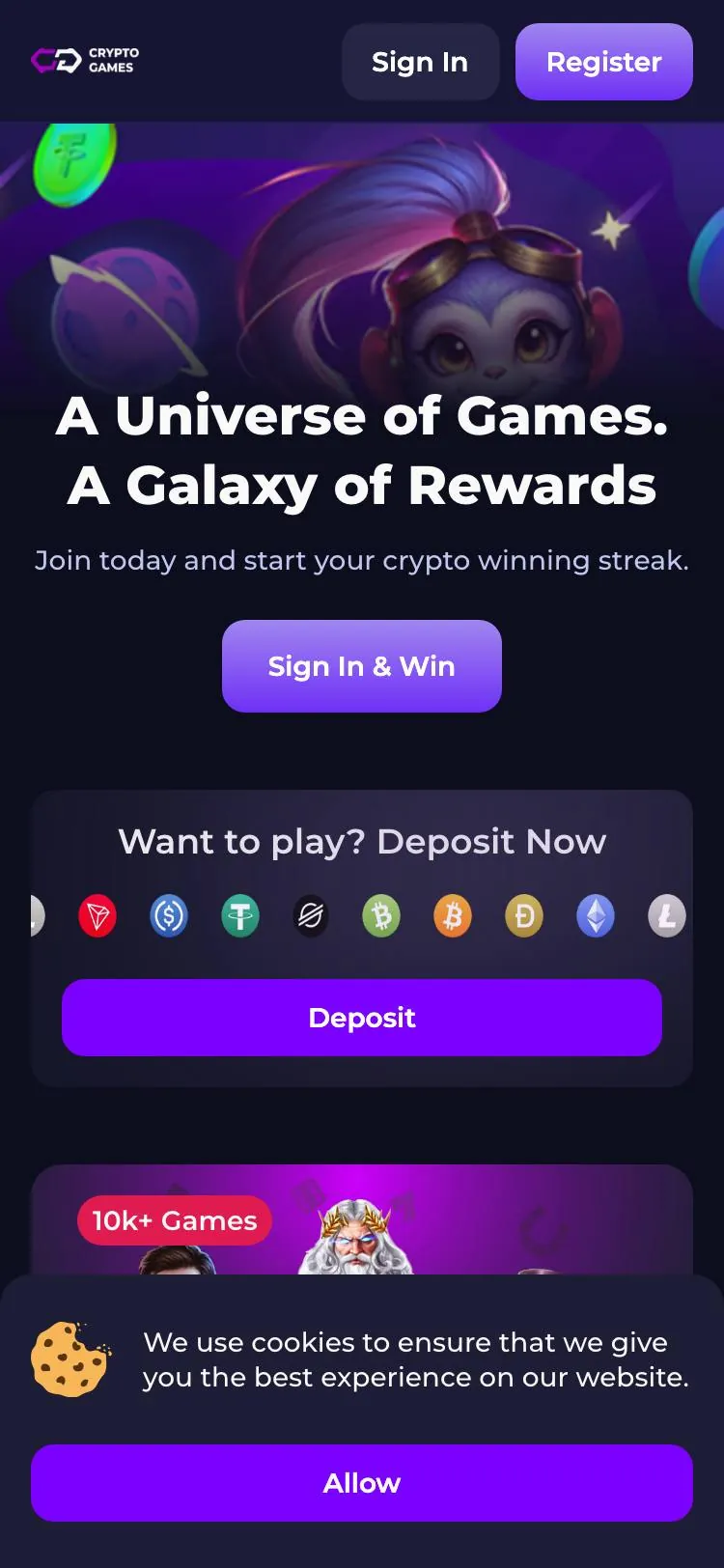Crypto-Games home page on mobile