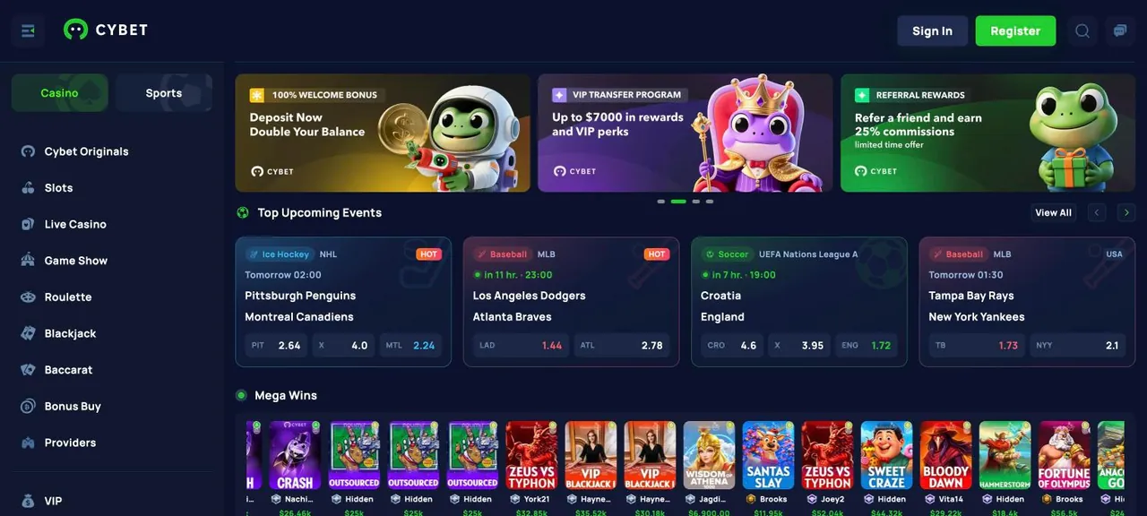 Cybet home page on desktop
