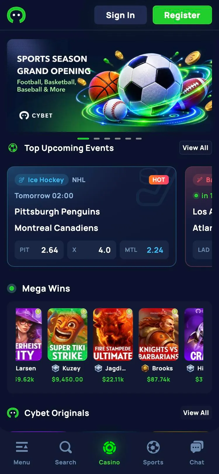 Cybet home page on mobile