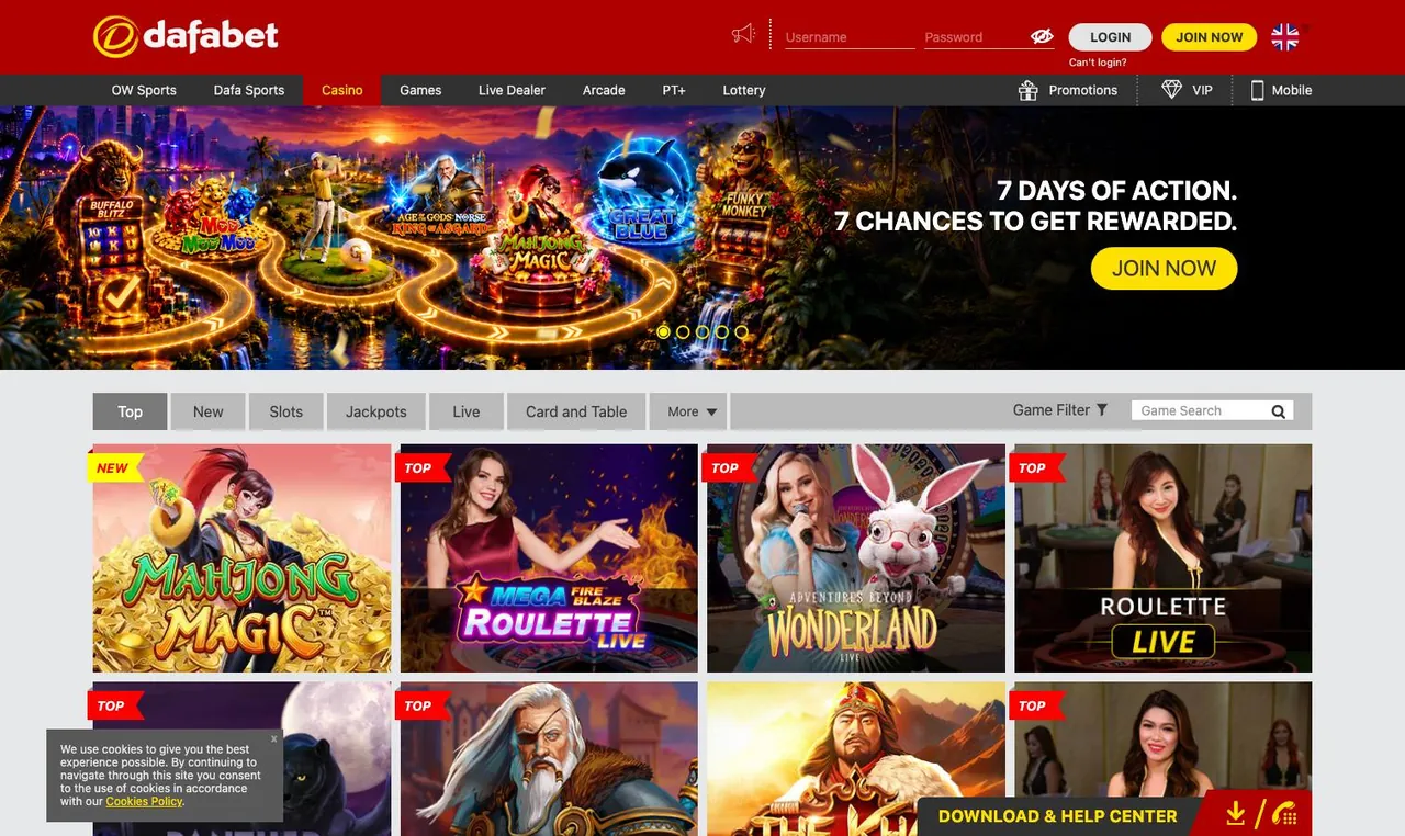 Dafabet home page on desktop