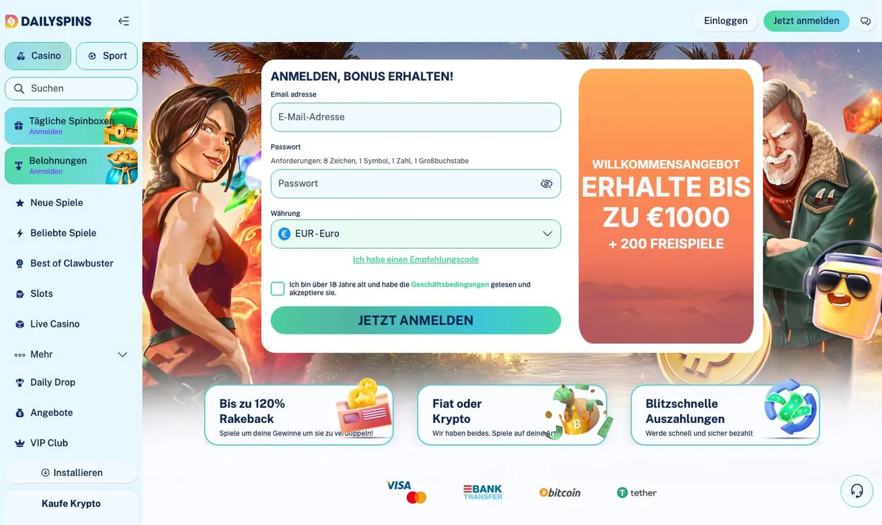 Dailyspins home page on desktop
