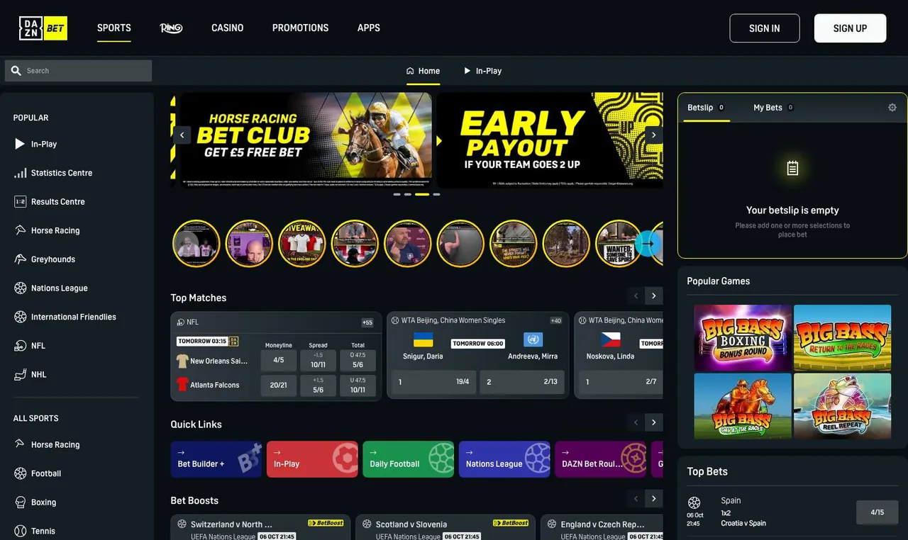 DAZN Bet home page on desktop