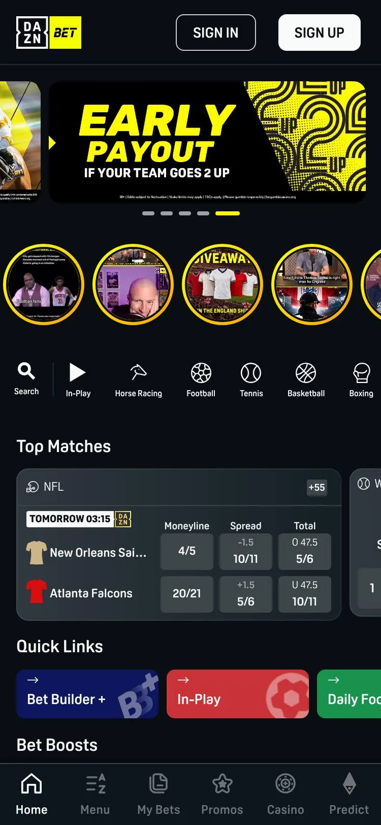 DAZN Bet home page on mobile