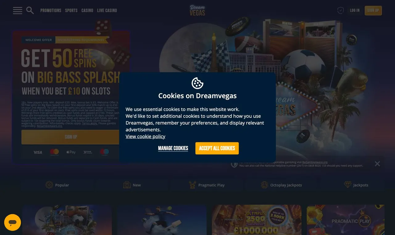 Dream Vegas home page on desktop