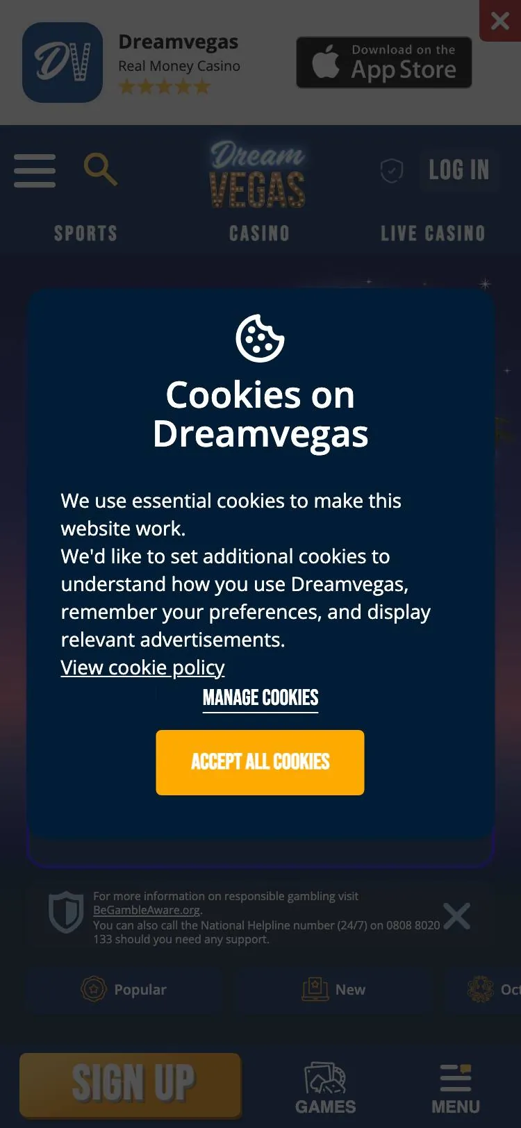 Dream Vegas home page on mobile