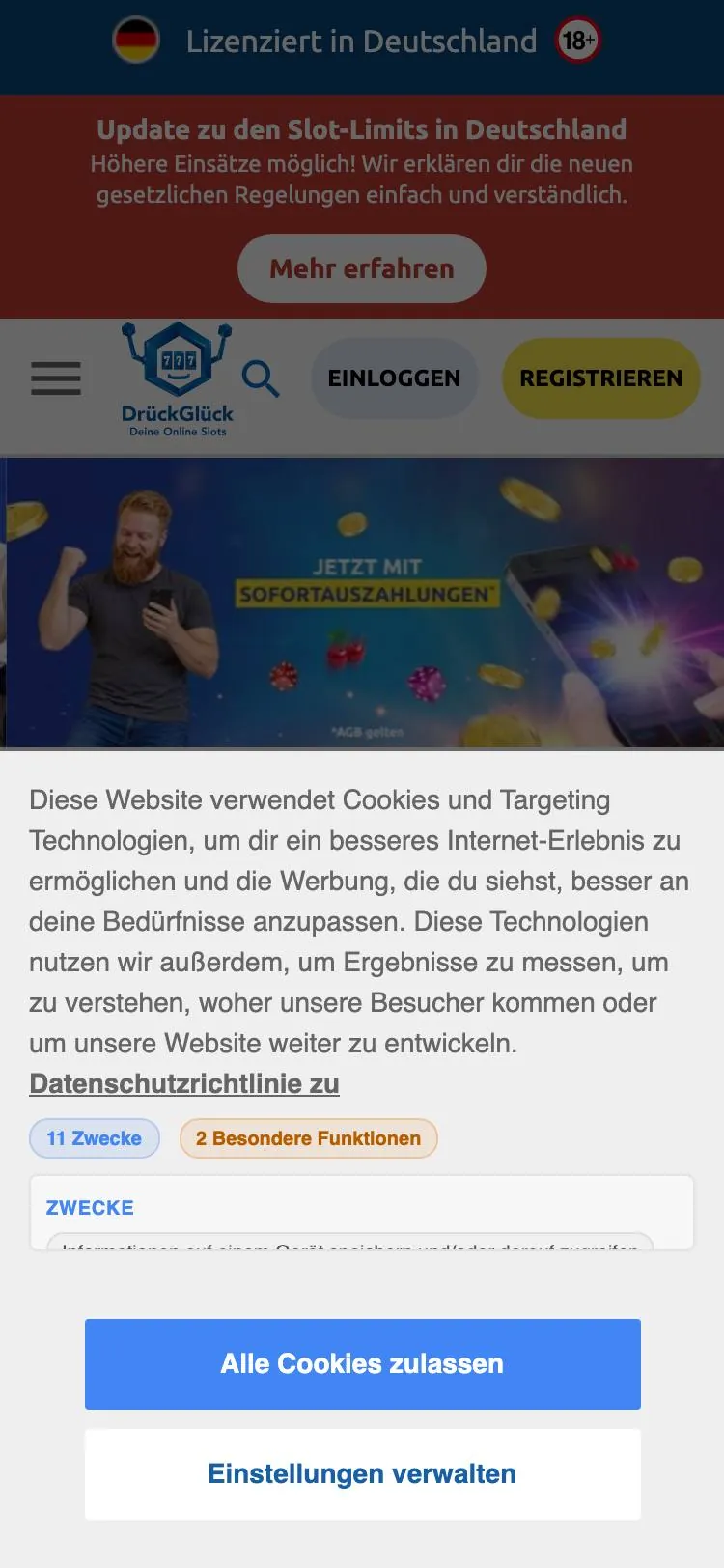 DrückGlück home page on mobile