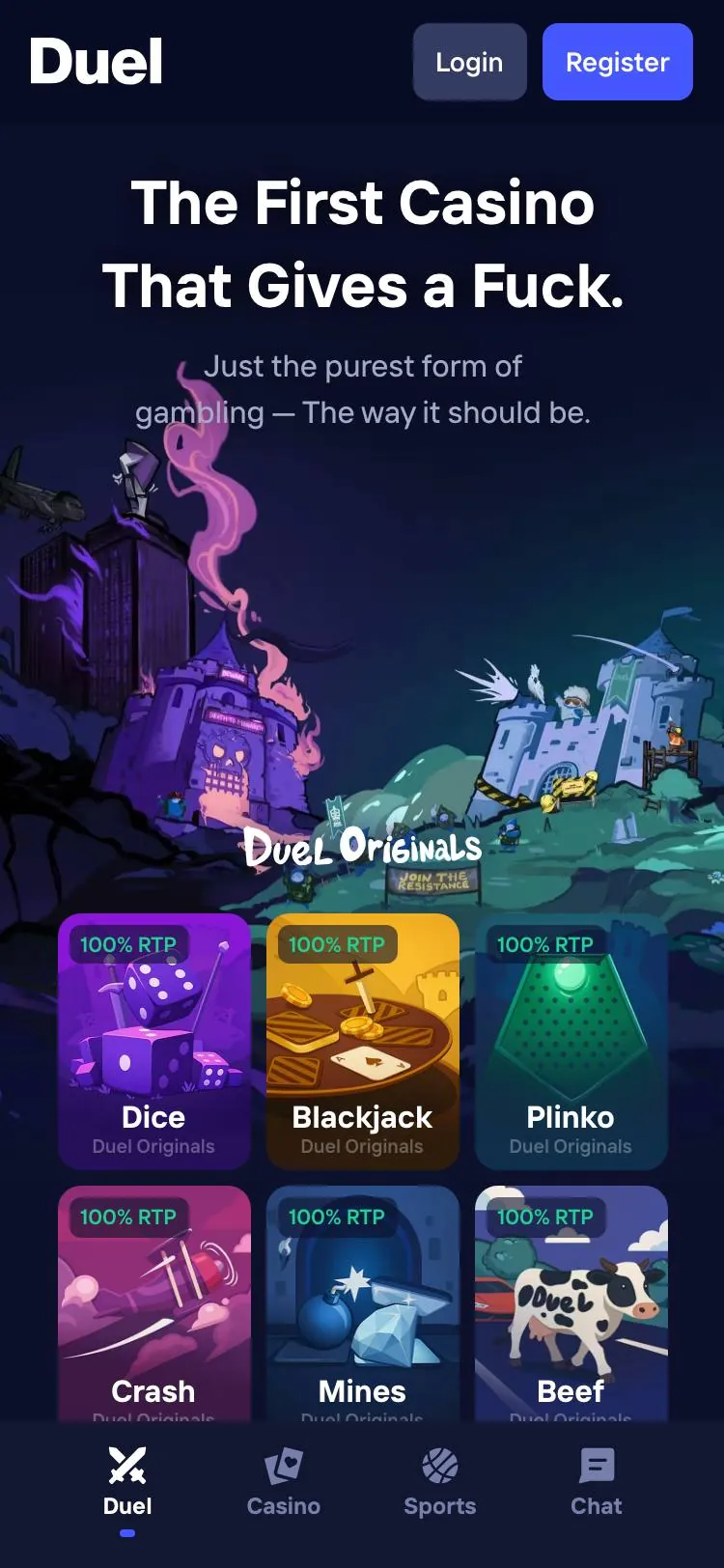 Duel home page on mobile