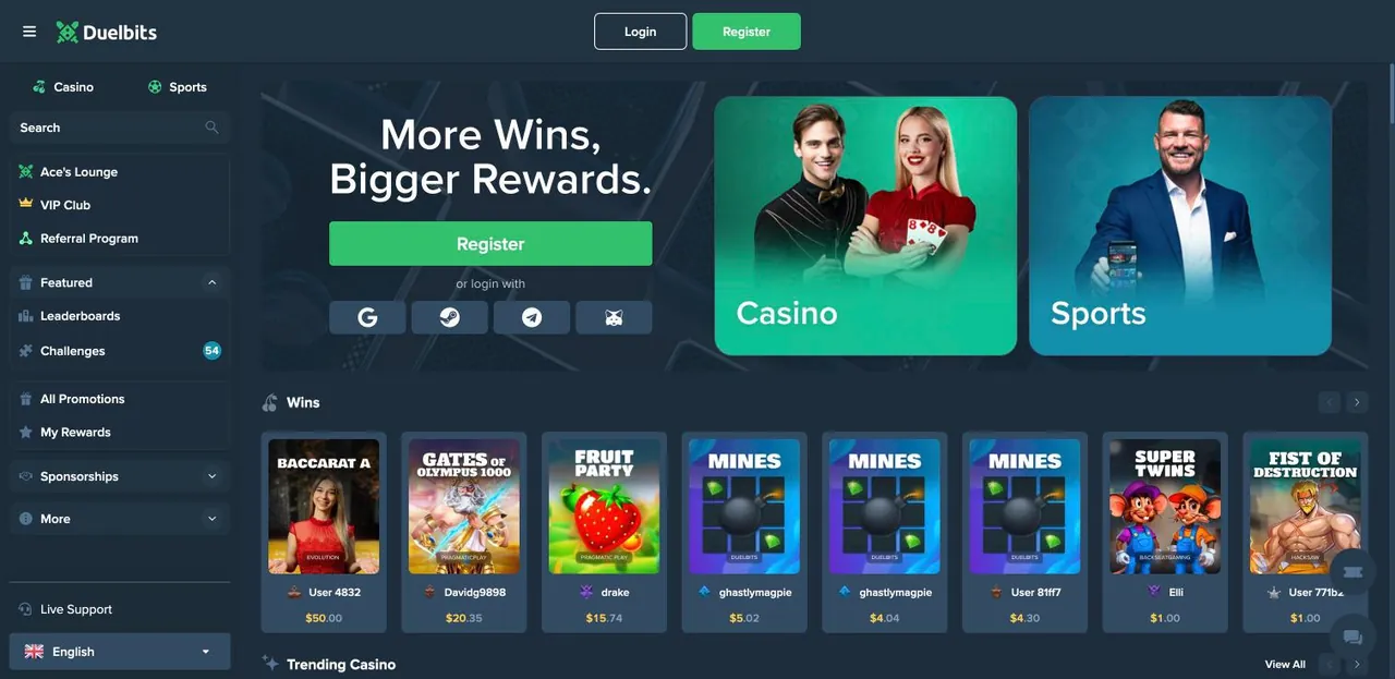 Duelbits home page on desktop