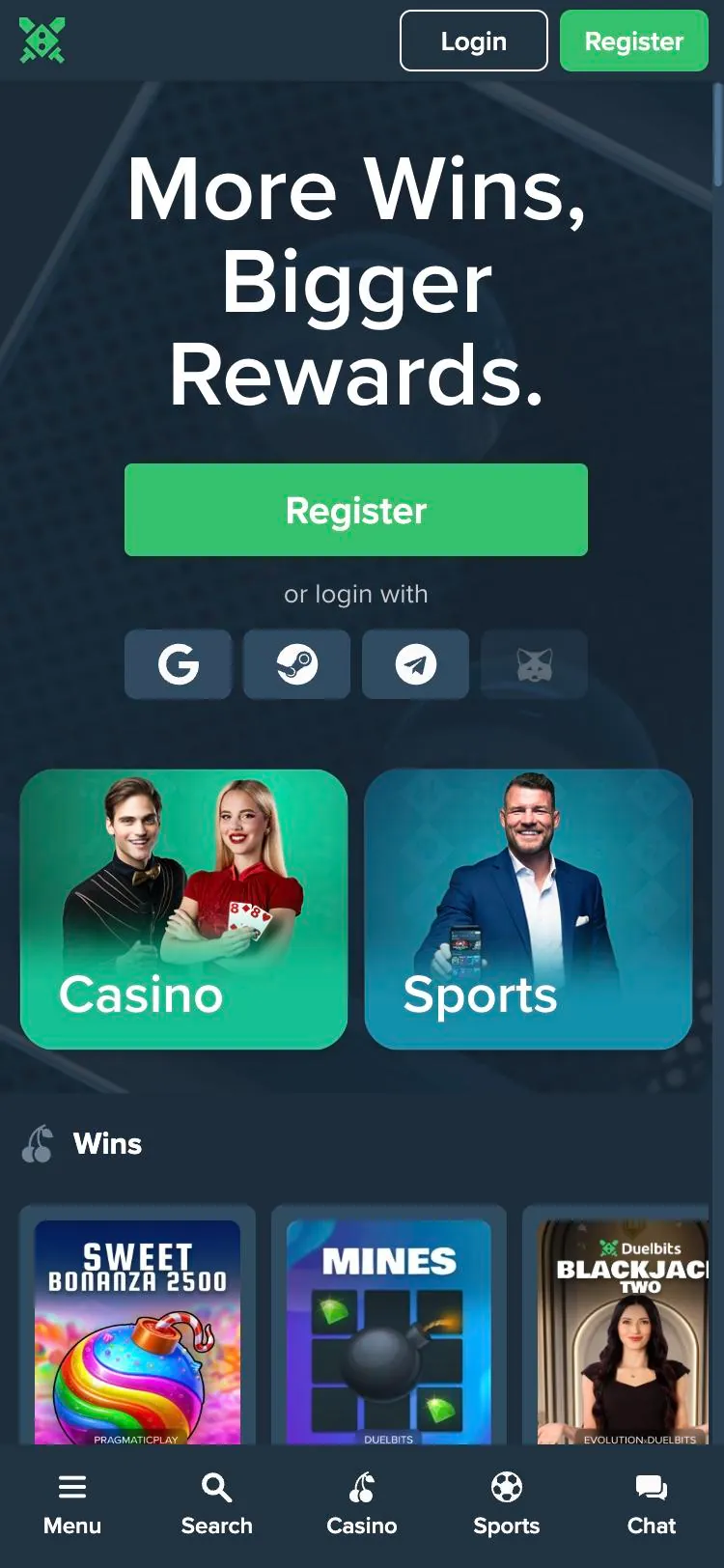 Duelbits home page on mobile