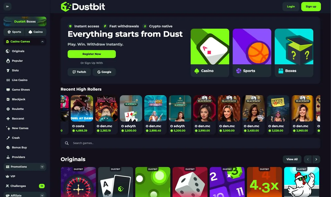 Dustbit home page on desktop