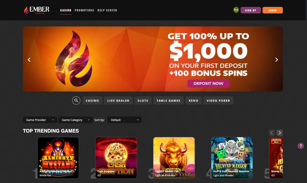 Ember Casino home page on desktop