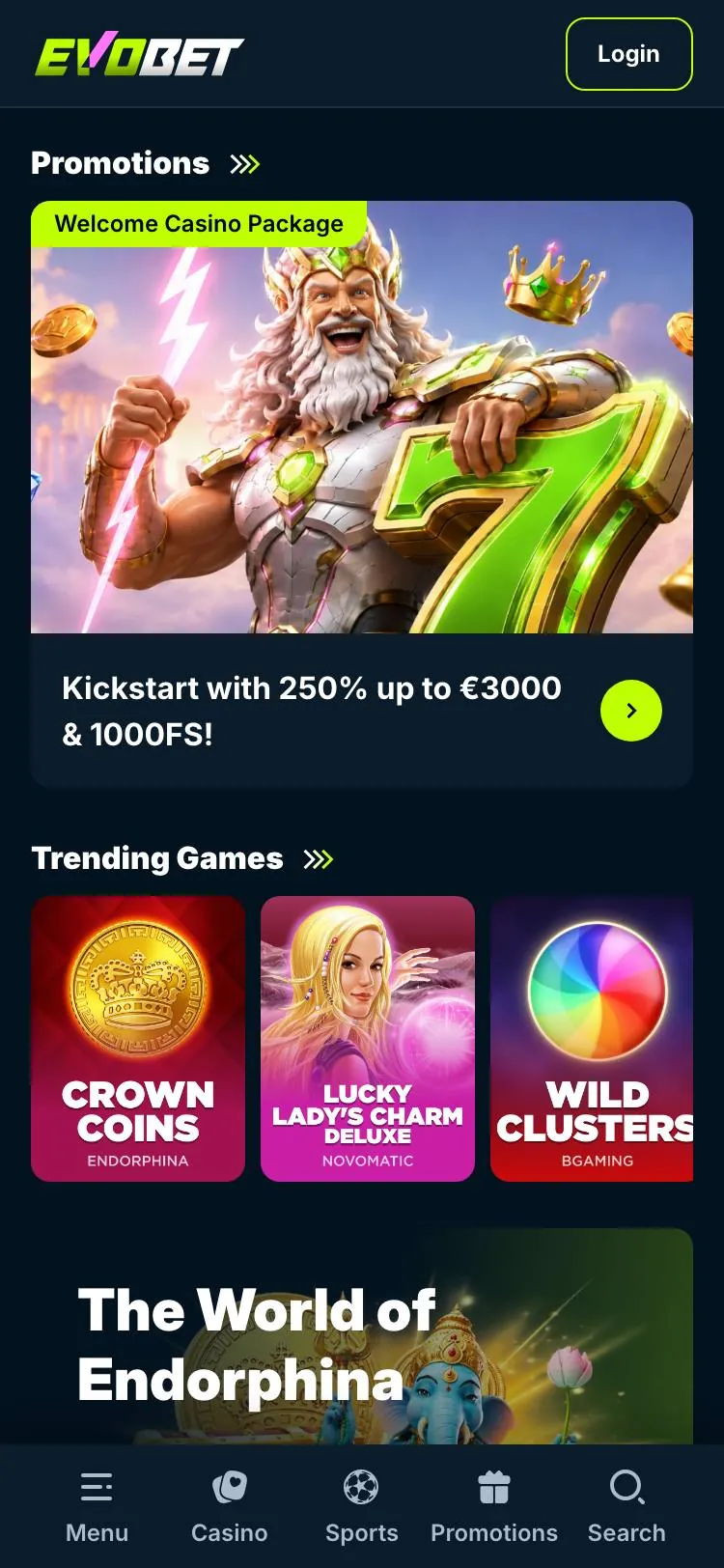 EvoBet home page on mobile