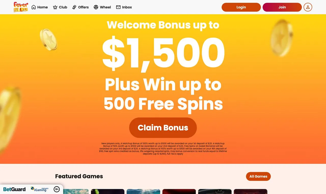 Fever Slots home page on desktop