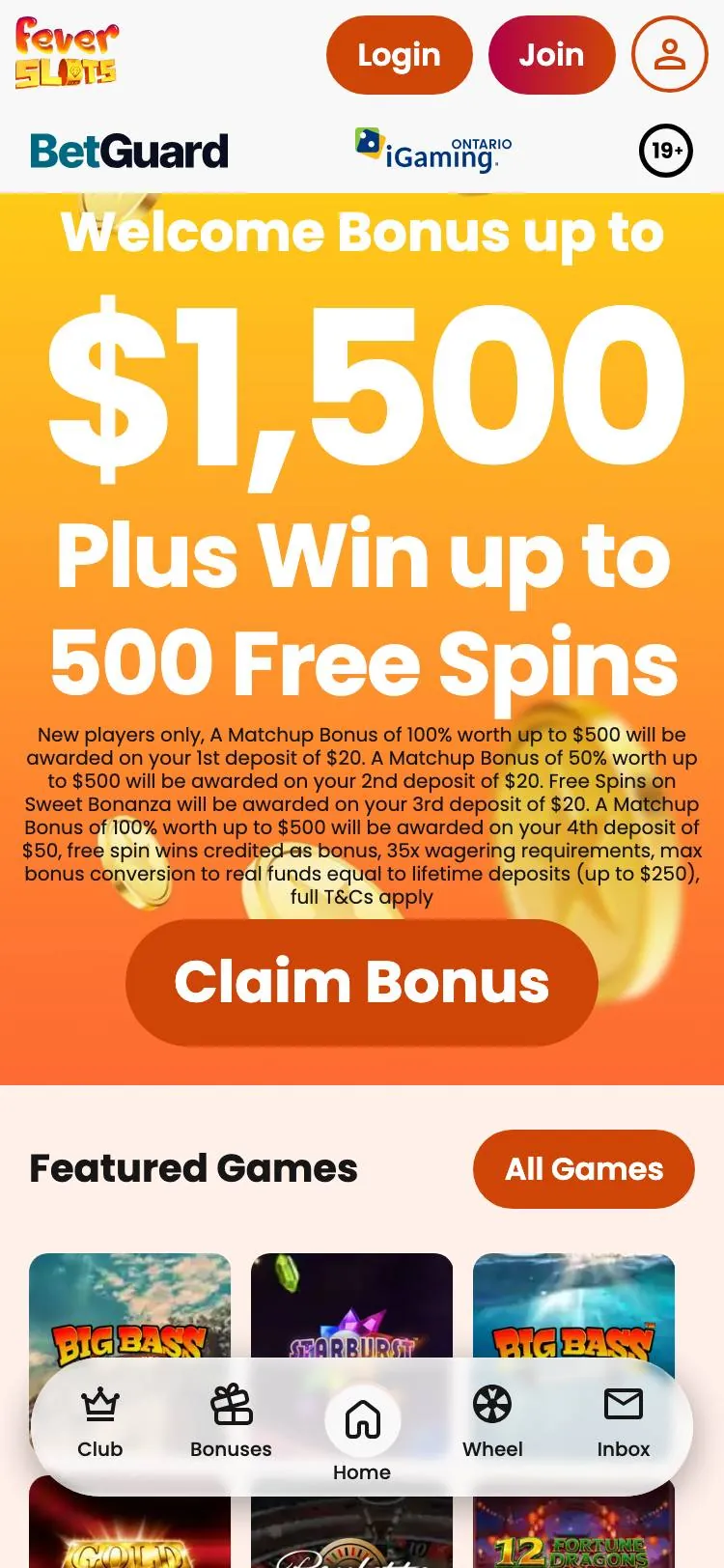 Fever Slots home page on mobile