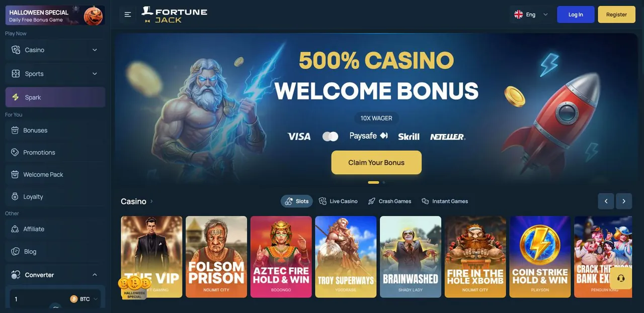 FortuneJack home page on desktop
