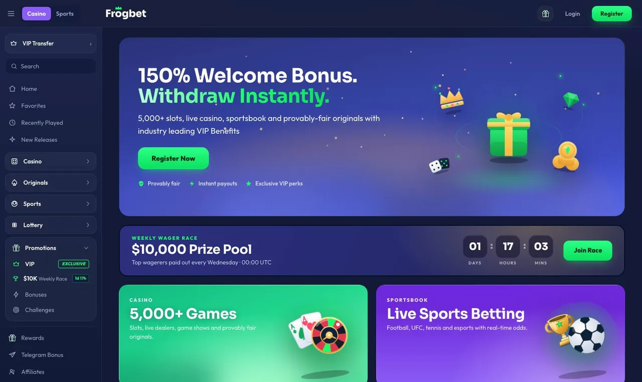 Frogbet home page on desktop