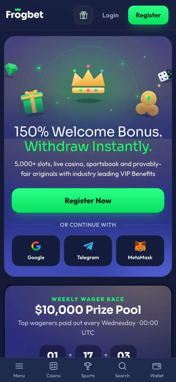 Frogbet home page on mobile