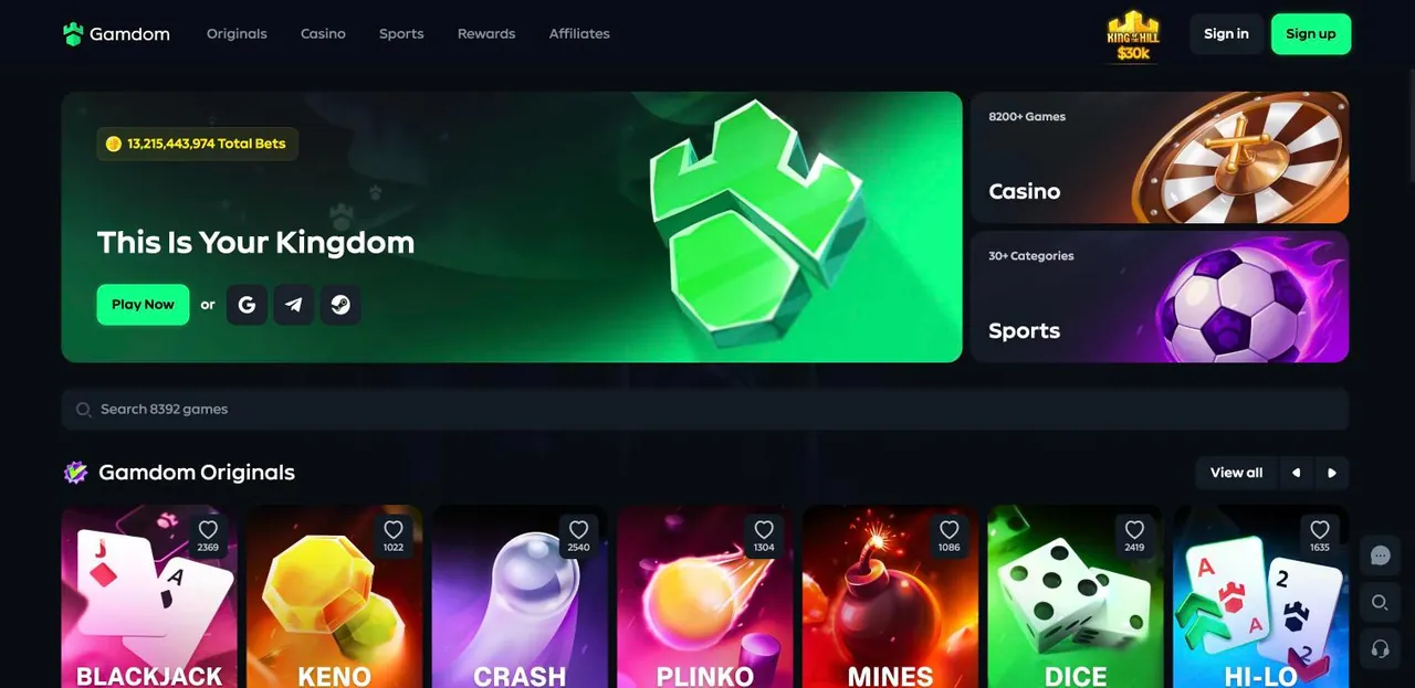 Gamdom home page on desktop