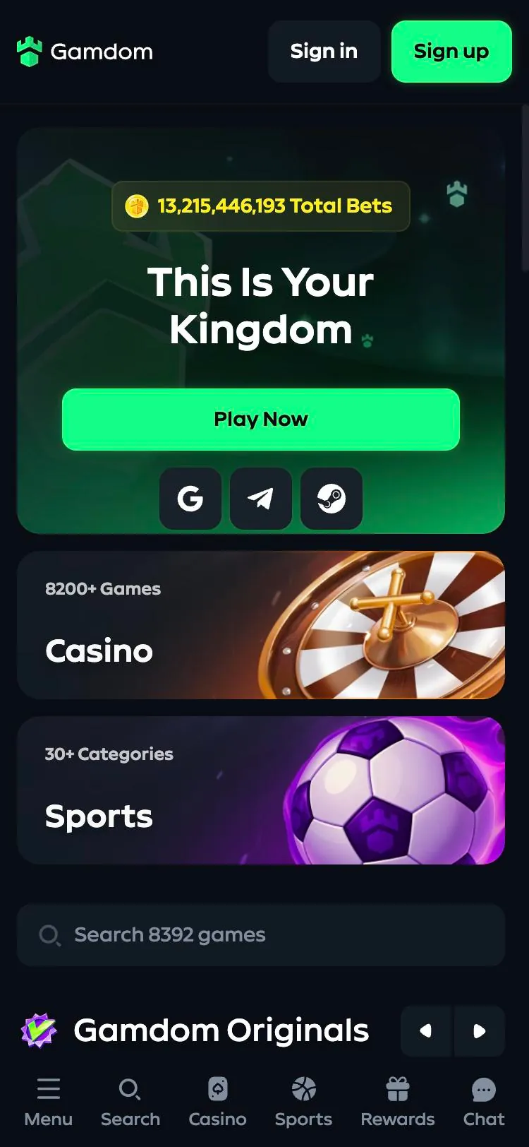 Gamdom home page on mobile