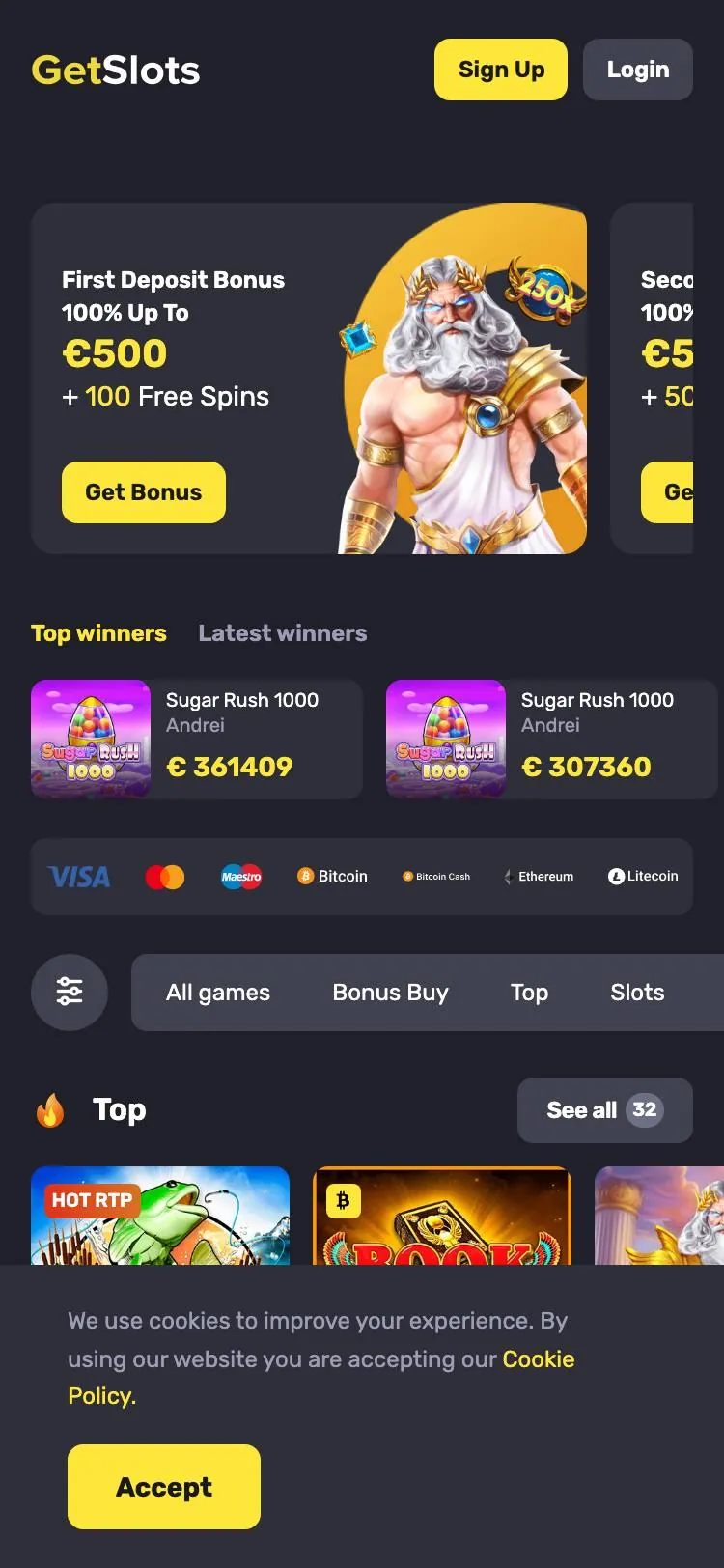 GetSlots home page on mobile