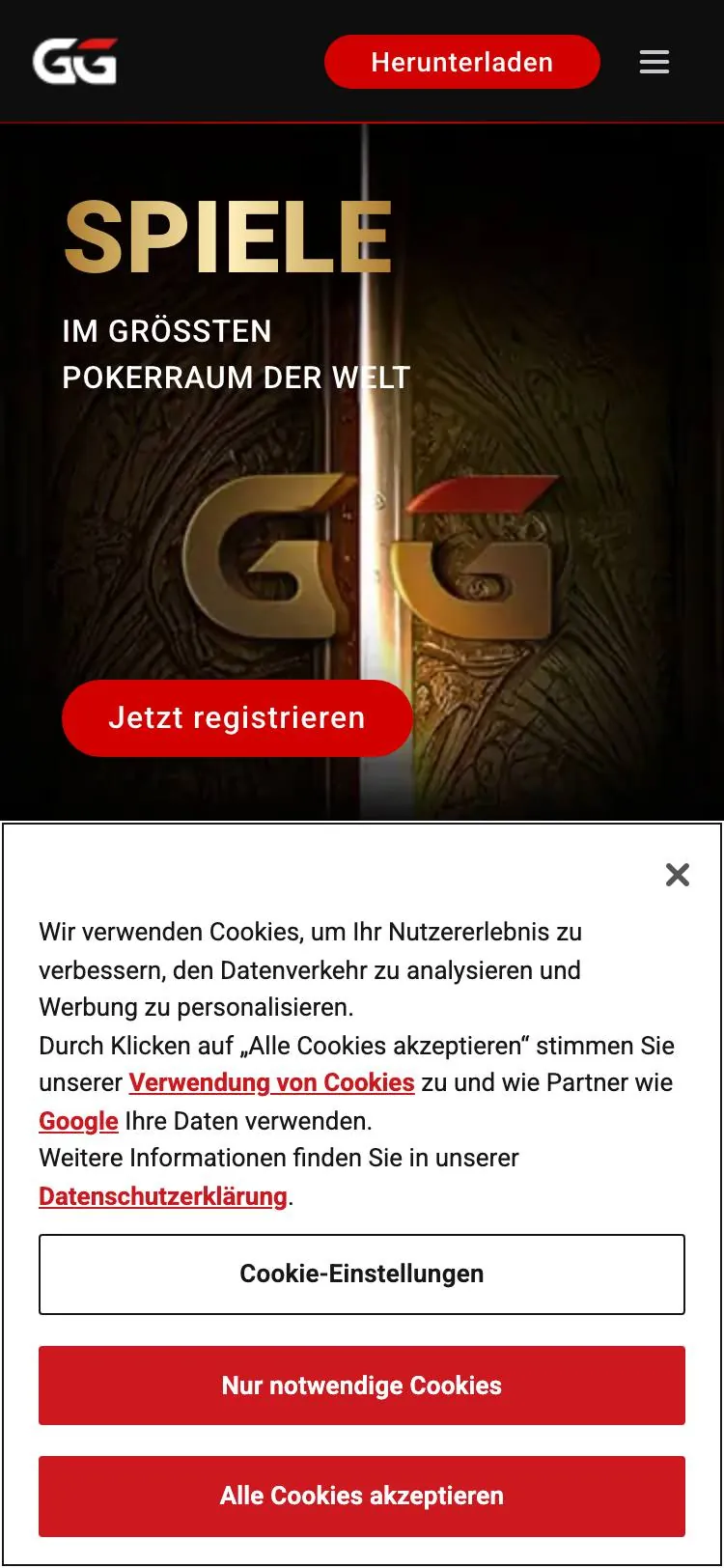 GGPoker home page on mobile