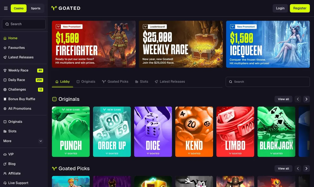 Goated home page on desktop