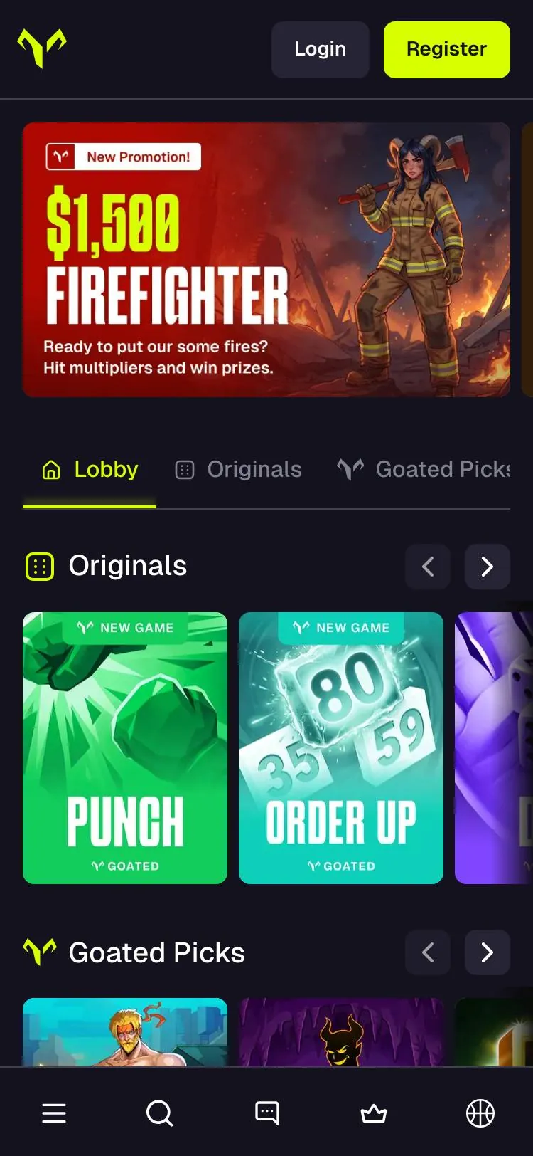 Goated home page on mobile